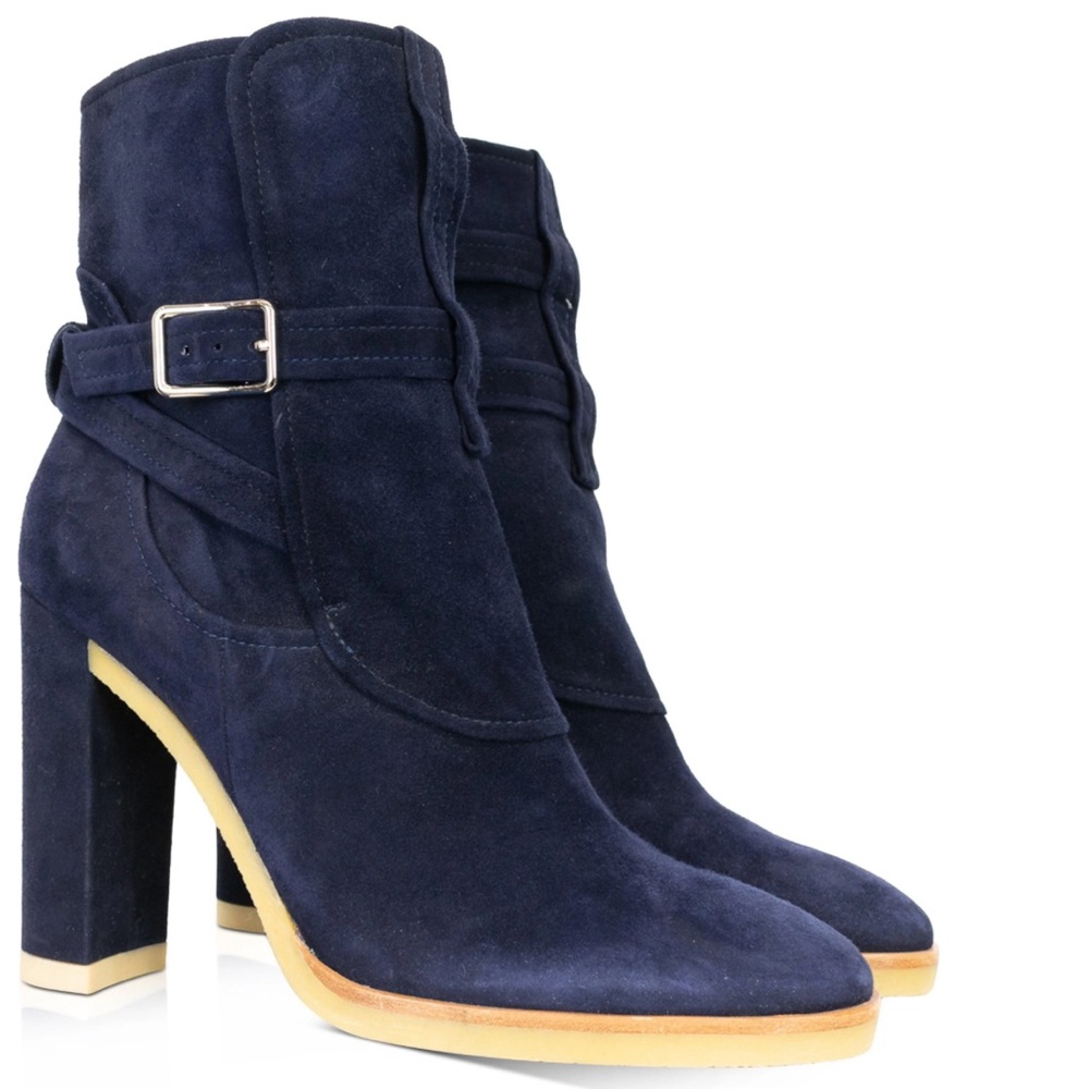 Gianvito Rossi Navy Suede Ankle Double Adjustable Buckle Boots Size 37